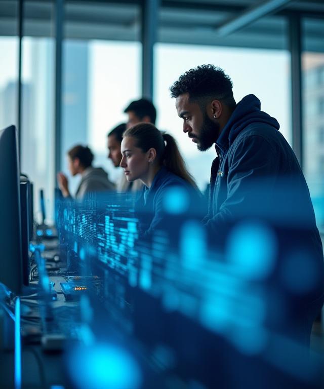 Tech professionals collaborating on AI software