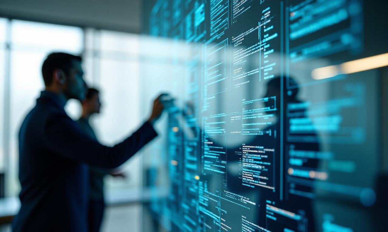 Team of developers whiteboarding complex software architecture